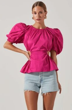 Juno Side Cutout Puff Sleeve Peplum Top -Outlet Cozi Luxe Store ACT17698 FUCHSIA 3