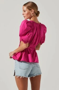 Juno Side Cutout Puff Sleeve Peplum Top -Outlet Cozi Luxe Store ACT17698 FUCHSIA 4