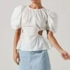 Juno Side Cutout Puff Sleeve Peplum Top -Outlet Cozi Luxe Store ACT17698 WHITE 2