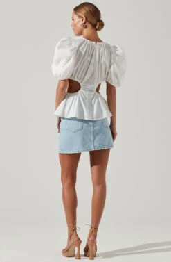 Juno Side Cutout Puff Sleeve Peplum Top -Outlet Cozi Luxe Store ACT17698 WHITE 4