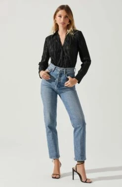 Laurel Satin Pleated Long Sleeve Top -Outlet Cozi Luxe Store ACT17840P BLACK 2