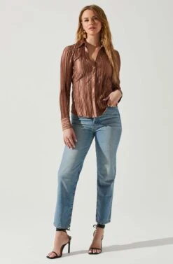 Laurel Satin Pleated Long Sleeve Top -Outlet Cozi Luxe Store ACT17840P BROWN 1