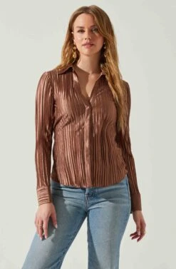 Laurel Satin Pleated Long Sleeve Top -Outlet Cozi Luxe Store ACT17840P BROWN 3