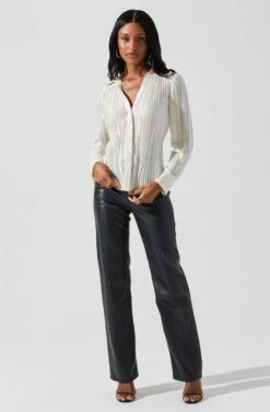 Laurel Satin Pleated Long Sleeve Top -Outlet Cozi Luxe Store ACT17840P CREAM 1