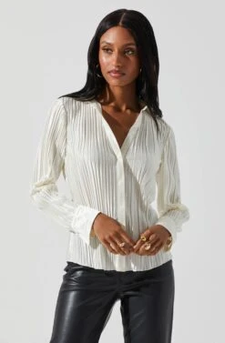 Laurel Satin Pleated Long Sleeve Top -Outlet Cozi Luxe Store ACT17840P CREAM 2