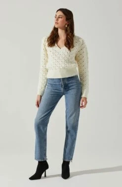Bianca V Neck Pointelle Sweater -Outlet Cozi Luxe Store ACT17869 CREAM 2