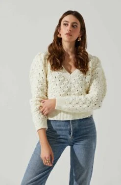 Bianca V Neck Pointelle Sweater -Outlet Cozi Luxe Store ACT17869 CREAM 4