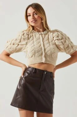 Aitana Pearl Embellished Cable Knit Short Sleeve Sweater -Outlet Cozi Luxe Store ACT17877 CREAM 3