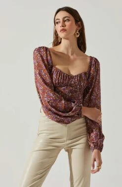 Penny Floral Puff Sleeve Top -Outlet Cozi Luxe Store ACT17882C BROWNPURPLEFLORAL 4
