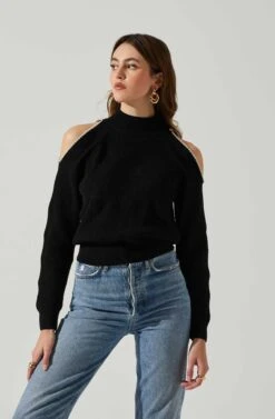 Tori Pearl Embellished Cold Shoulder Sweater -Outlet Cozi Luxe Store ACT17885 BLACK 3