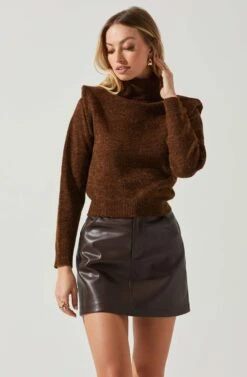Daleyza Padded Shoulder Turtleneck Sweater -Outlet Cozi Luxe Store ACT17899 BROWN 3