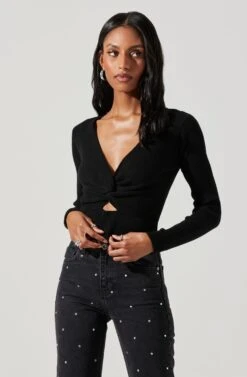 Rylee Twist Front Cutout Sweater -Outlet Cozi Luxe Store ACT17919 BLACK 4