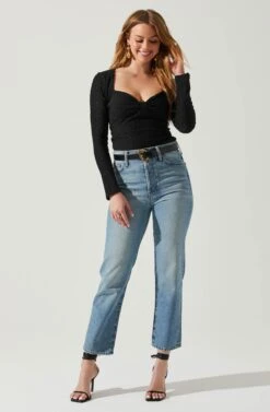 Ren Textured Sweetheart Long Sleeve Top -Outlet Cozi Luxe Store ACT17975 BLACK 2