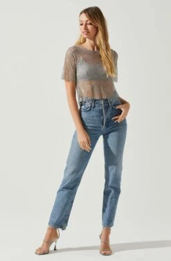 Mckay Rhinestone Mesh Short Sleeve Top -Outlet Cozi Luxe Store ACT18042 GREY 2