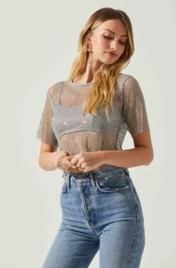 Mckay Rhinestone Mesh Short Sleeve Top -Outlet Cozi Luxe Store ACT18042 GREY 4