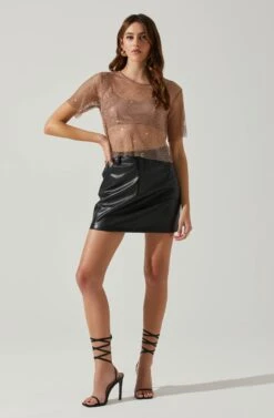 Mckay Rhinestone Mesh Short Sleeve Top -Outlet Cozi Luxe Store ACT18042 TAUPE 1