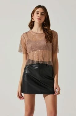 Mckay Rhinestone Mesh Short Sleeve Top -Outlet Cozi Luxe Store ACT18042 TAUPE 2