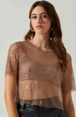 Mckay Rhinestone Mesh Short Sleeve Top -Outlet Cozi Luxe Store ACT18042 TAUPE 3