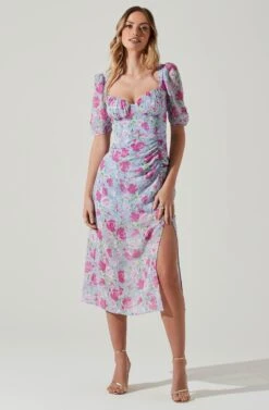 Floral Front Slit Milkmaid Midi Dress -Outlet Cozi Luxe Store ADR100913 BLUEMAGENTAFLORAL 1