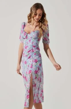 Floral Front Slit Milkmaid Midi Dress -Outlet Cozi Luxe Store ADR100913 BLUEMAGENTAFLORAL 4