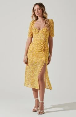 Floral Front Slit Milkmaid Midi Dress -Outlet Cozi Luxe Store ADR100913 YELLOWPURPLEFLORAL 1