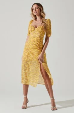 Floral Front Slit Milkmaid Midi Dress -Outlet Cozi Luxe Store ADR100913 YELLOWPURPLEFLORAL 2