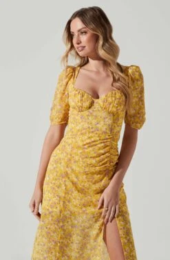 Floral Front Slit Milkmaid Midi Dress -Outlet Cozi Luxe Store ADR100913 YELLOWPURPLEFLORAL 3