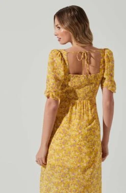 Floral Front Slit Milkmaid Midi Dress -Outlet Cozi Luxe Store ADR100913 YELLOWPURPLEFLORAL 5