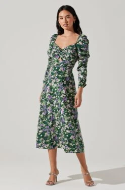Floral Long Sleeve Twist Keyhole Front Midi Dress -Outlet Cozi Luxe Store ADR100972 GREENPURPLEFLORAL 1