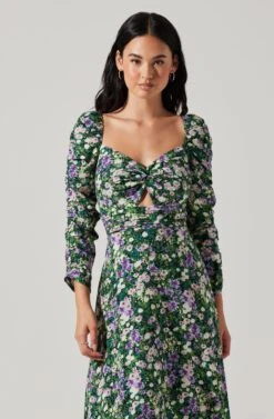 Floral Long Sleeve Twist Keyhole Front Midi Dress -Outlet Cozi Luxe Store ADR100972 GREENPURPLEFLORAL 2