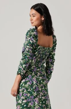 Floral Long Sleeve Twist Keyhole Front Midi Dress -Outlet Cozi Luxe Store ADR100972 GREENPURPLEFLORAL 5