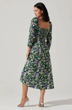 Floral Long Sleeve Twist Keyhole Front Midi Dress -Outlet Cozi Luxe Store ADR100972 GREENPURPLEFLORAL 6