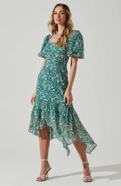 Floral Short Sleeve Asymmetrical Hem Midi Dress -Outlet Cozi Luxe Store ADR101039 GREENMULTI 2