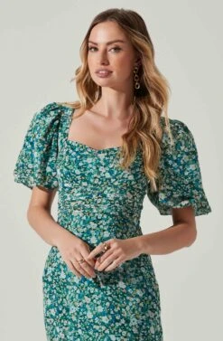 Floral Short Sleeve Asymmetrical Hem Midi Dress -Outlet Cozi Luxe Store ADR101039 GREENMULTI 3