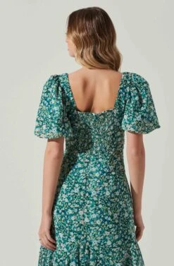 Floral Short Sleeve Asymmetrical Hem Midi Dress -Outlet Cozi Luxe Store ADR101039 GREENMULTI 5