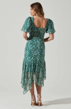Floral Short Sleeve Asymmetrical Hem Midi Dress -Outlet Cozi Luxe Store ADR101039 GREENMULTI 6