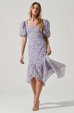 Floral Short Sleeve Asymmetrical Hem Midi Dress -Outlet Cozi Luxe Store ADR101039 PURPLEMULTIFLORAL 1