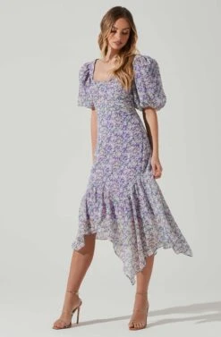 Floral Short Sleeve Asymmetrical Hem Midi Dress -Outlet Cozi Luxe Store ADR101039 PURPLEMULTIFLORAL 2