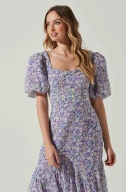 Floral Short Sleeve Asymmetrical Hem Midi Dress -Outlet Cozi Luxe Store ADR101039 PURPLEMULTIFLORAL 3
