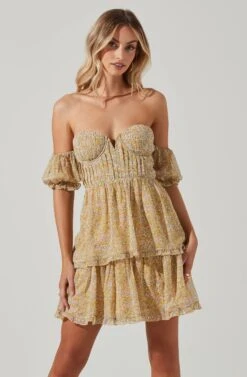 Off Shoulder Two Tier Floral Mini Dress -Outlet Cozi Luxe Store ADR101294 YELLOWMULTIFLORAL 01431