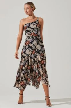 Emmylou Floral One Shoulder Midi Dress -Outlet Cozi Luxe Store ADR101528 BLACKFLORAL 1