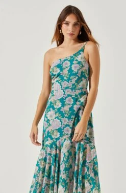 Emmylou Floral One Shoulder Midi Dress -Outlet Cozi Luxe Store ADR101528 GREENPURPLEFLORAL 3