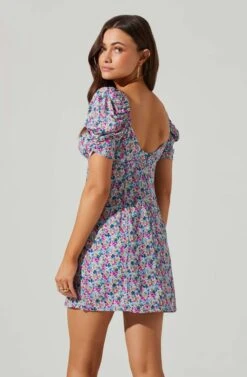 Floral Square Neck Puff Sleeve Mini Dress -Outlet Cozi Luxe Store ADR101546 BLUEFUCHSIAFLORAL 3