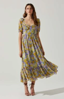 Floral Sweetheart Neck Midi Dress -Outlet Cozi Luxe Store ADR101552 GOLDPURPLEFLORAL 1