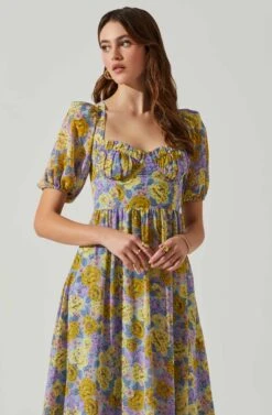 Floral Sweetheart Neck Midi Dress -Outlet Cozi Luxe Store ADR101552 GOLDPURPLEFLORAL 4