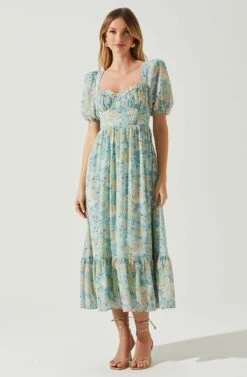 Floral Sweetheart Neck Midi Dress -Outlet Cozi Luxe Store ADR101552 GREENBLUEFLORAL 1