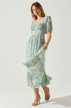 Floral Sweetheart Neck Midi Dress -Outlet Cozi Luxe Store ADR101552 GREENBLUEFLORAL 2