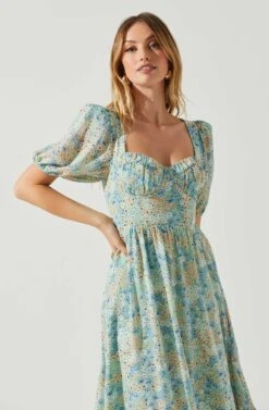 Floral Sweetheart Neck Midi Dress -Outlet Cozi Luxe Store ADR101552 GREENBLUEFLORAL 4