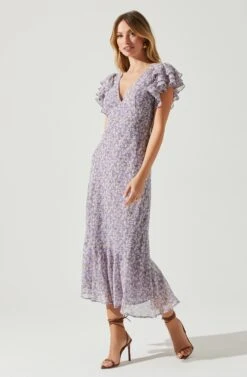 Celestine Floral Ruffle Midi Dress -Outlet Cozi Luxe Store ADR101613 PURPLEFLORAL 2