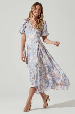 Satin Floral Bubble Sleeve Wrap Midi Dress -Outlet Cozi Luxe Store ADR101664 BLUEMULTIFLORAL 1